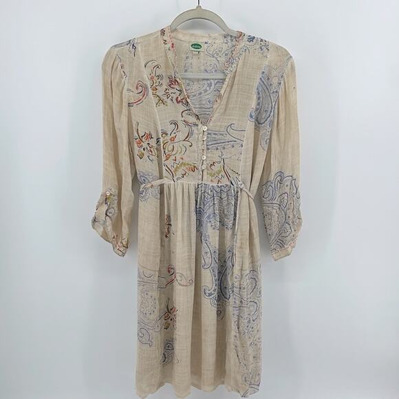 ANTHRO Dolma paisley boho print 1/4 button up long sleeve baby doll dress sz S/M - Picture 1 of 7